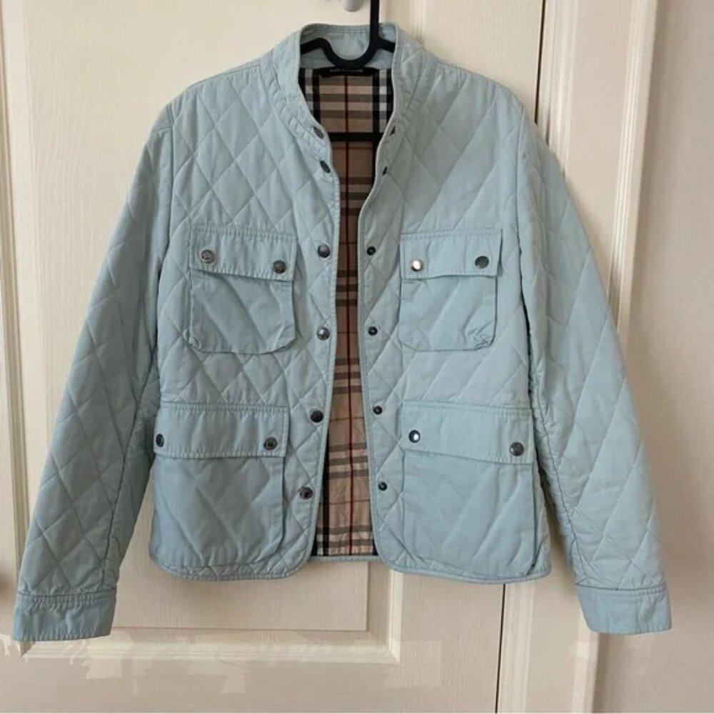 Burberry Made in England Mint Green Quilted Nova Check Lining Utility Jacket S